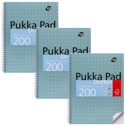 Pukka Pad, A4 Dotted Metallic Jotta Book for Graphing, Art, Bullet Journaling – 3 Pack – 29.7 x 23cm – Wirebound Notebook with 80GSM Paper, 4-Hole Margins and Perforation - 200 Pages, Grey