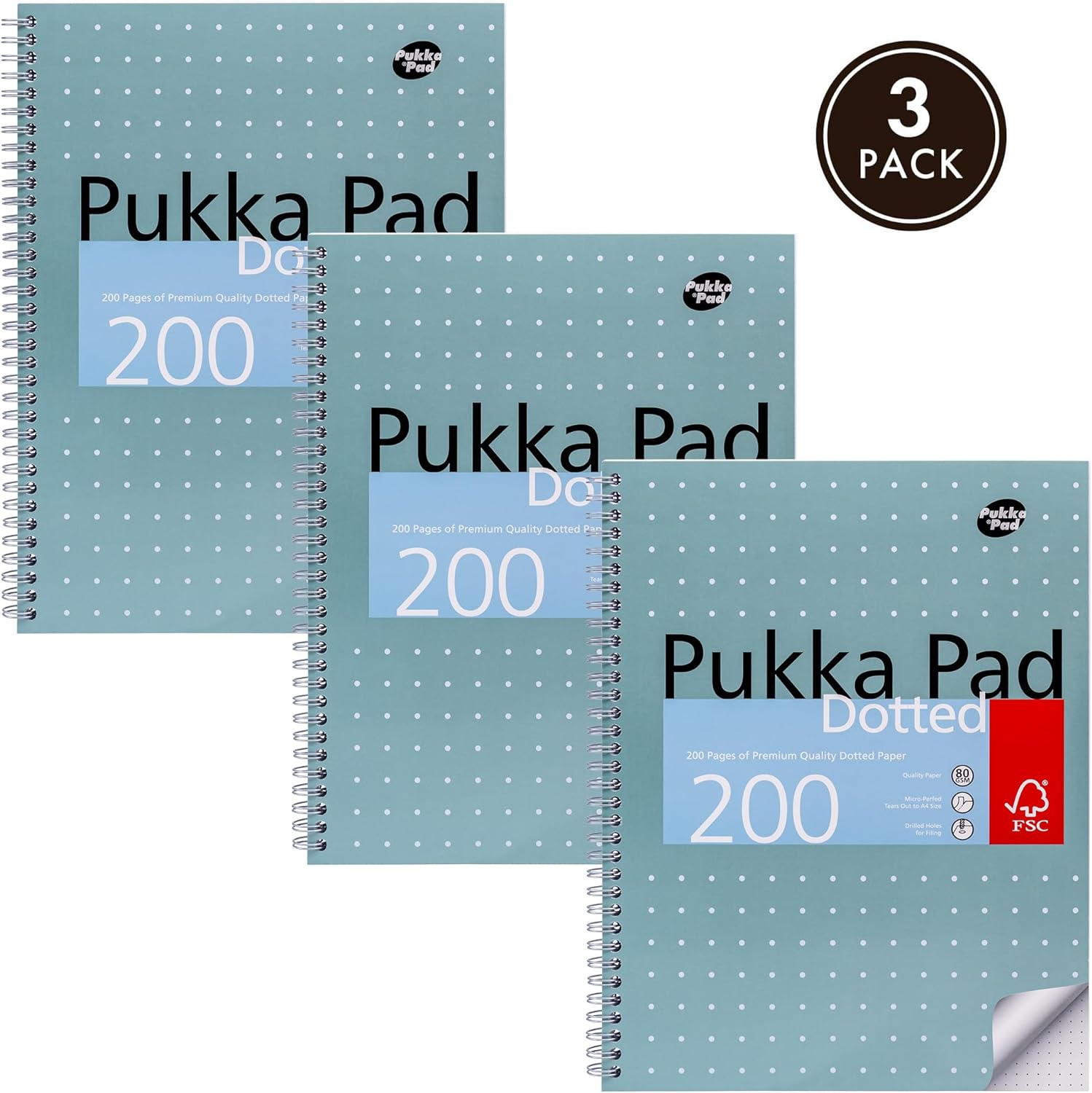 Pukka Pad, A4 Dotted Metallic Jotta Book for Graphing, Art, Bullet Journaling – 3 Pack – 29.7 x 23cm – Wirebound Notebook with 80GSM Paper, 4-Hole Margins and Perforation - 200 Pages, Grey