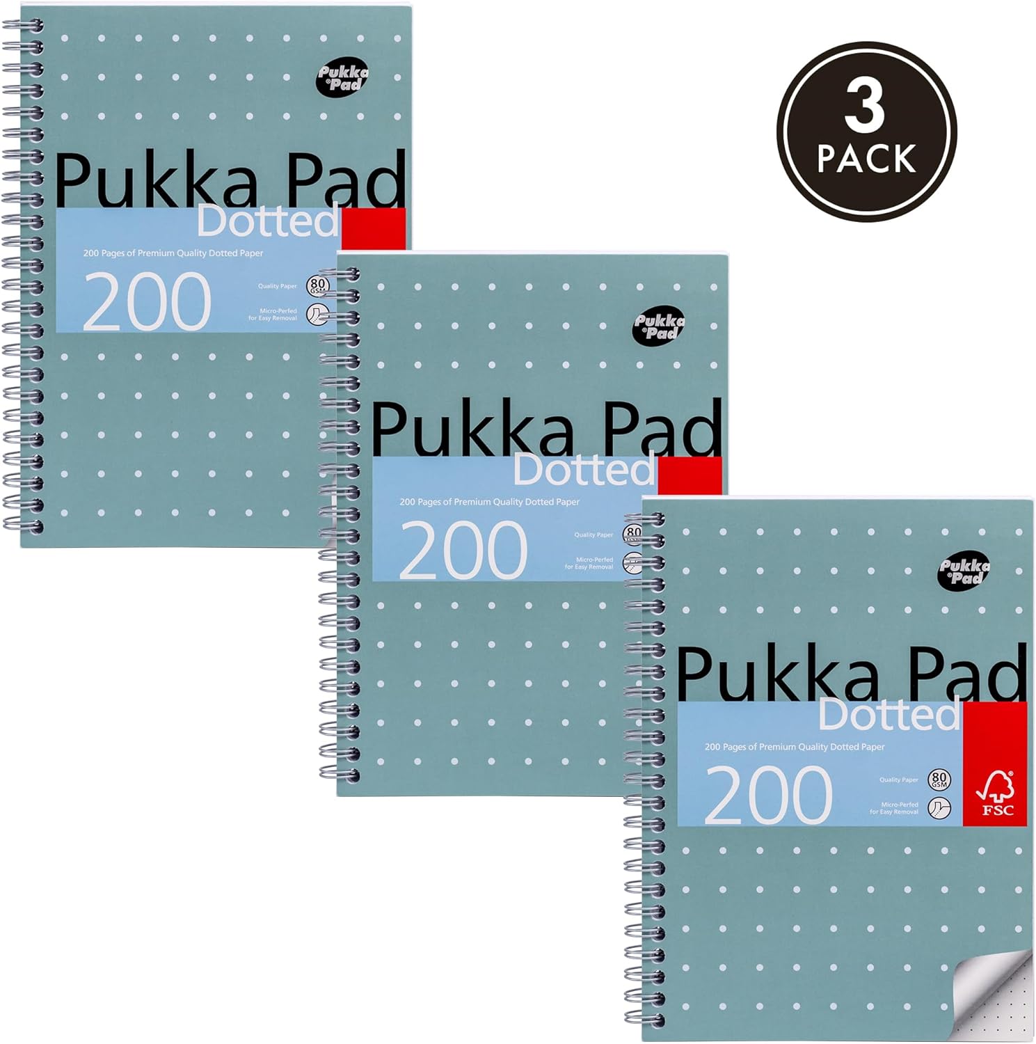 Pukka Pad, A5 Dotted Metallic Jotta Book for Graphing, Art, Bullet Journaling – 3 Pack – 21 x 14.8cm – Wirebound Notebook with 80GSM Paper – 4-Hole Margins and Perforation - 200 Pages, Grey