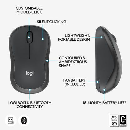 Logitech M240 for Business Silent Wireless Mouse, Secure Logi Bolt USB Receiver, Bluetooth, Globally Certified for Windows, Mac, Chrome, Linux, iPadOS, Android - Graphite