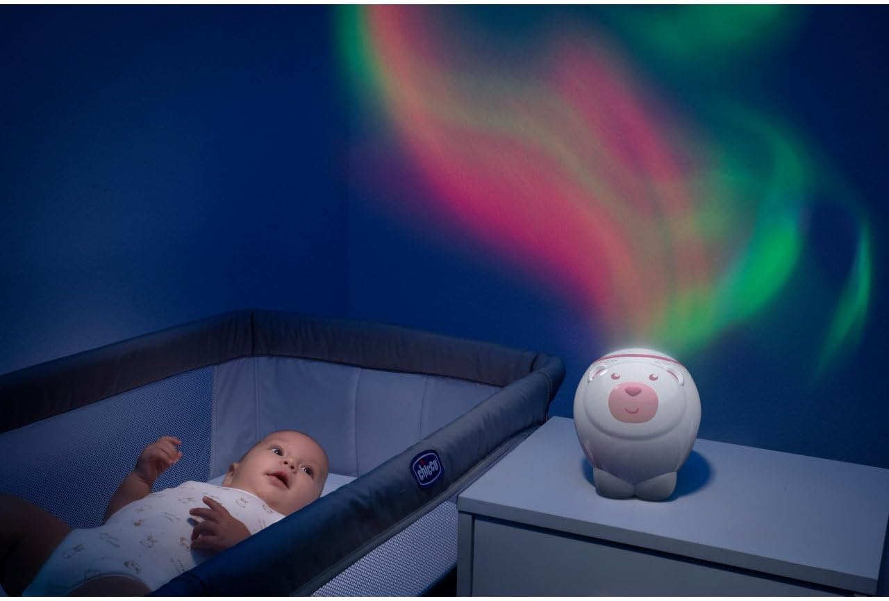 Projecteur 2en1 Ours Polaire First Dreams, pour berceau et à poser, veilleuse pour enfants, projection d'une aurore boréale, musique classique relaxante et sons de la nature, pour bébés, 0 M+