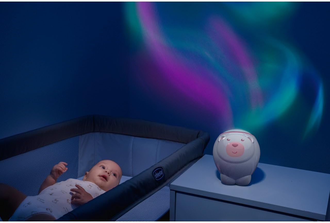 Projecteur 2en1 Ours Polaire First Dreams, pour berceau et à poser, veilleuse pour enfants, projection d'une aurore boréale, musique classique relaxante et sons de la nature, pour bébés, 0 M+