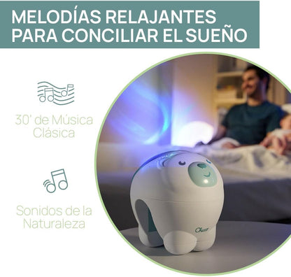 Projecteur 2en1 Ours Polaire First Dreams, pour berceau et à poser, veilleuse pour enfants, projection d'une aurore boréale, musique classique relaxante et sons de la nature, pour bébés, 0 M+