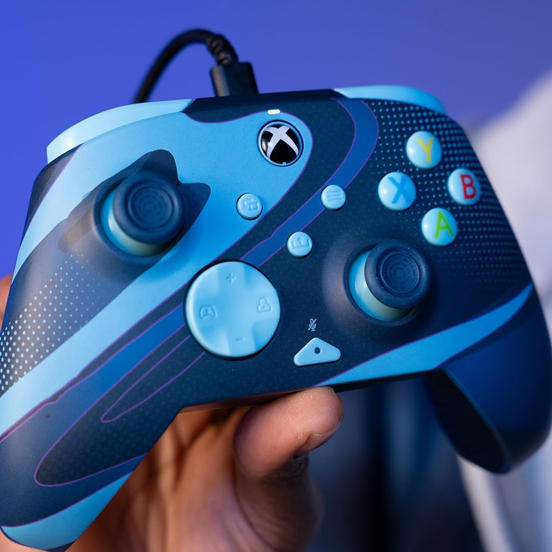 PDP Gaming REMATCH GLOW Enhanced Wired Controller Licensed for Xbox Series X|S/Xbox One/PC/Windows, Mappable Back Buttons, Advanced Customizable App - Blue Tide (Glow in the Dark) Controller Blue Tide (Glow in the Dark