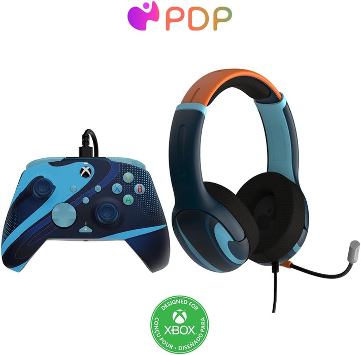 PDP - Bundle Casque de jeu stéréo filaire Airlite Blue Tide + Manette de jeu filaire REMATCH Blue Tide pour Xbox Serie