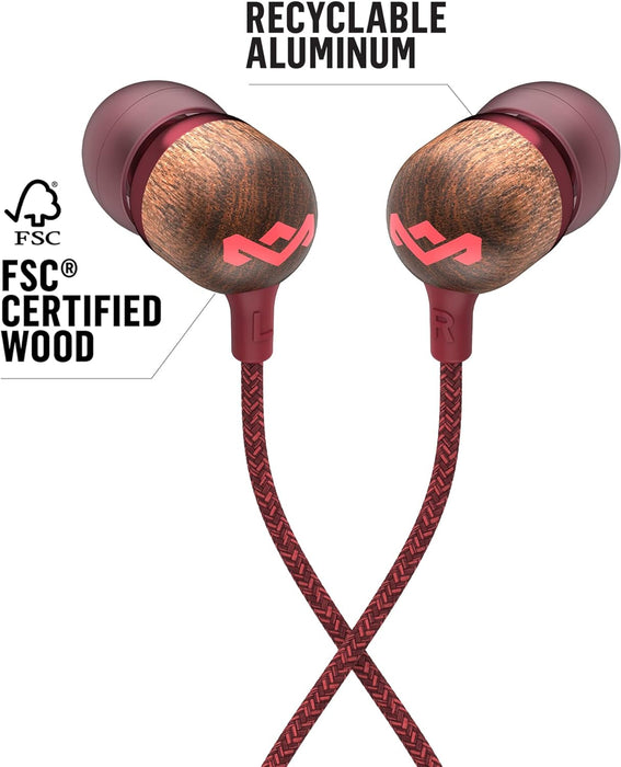 House of Marley Smile Jamaica In-Ear Headphones - Sustainably Crafted, Eco-Friendly, Noise Isolating Wired Earphones, 9.2mm Driver, Tangle-Free Cable, 1 Button Microphone Control