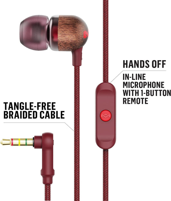 House of Marley Smile Jamaica In-Ear Headphones - Sustainably Crafted, Eco-Friendly, Noise Isolating Wired Earphones, 9.2mm Driver, Tangle-Free Cable, 1 Button Microphone Control