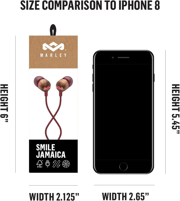 House of Marley Smile Jamaica In-Ear Headphones - Sustainably Crafted, Eco-Friendly, Noise Isolating Wired Earphones, 9.2mm Driver, Tangle-Free Cable, 1 Button Microphone Control