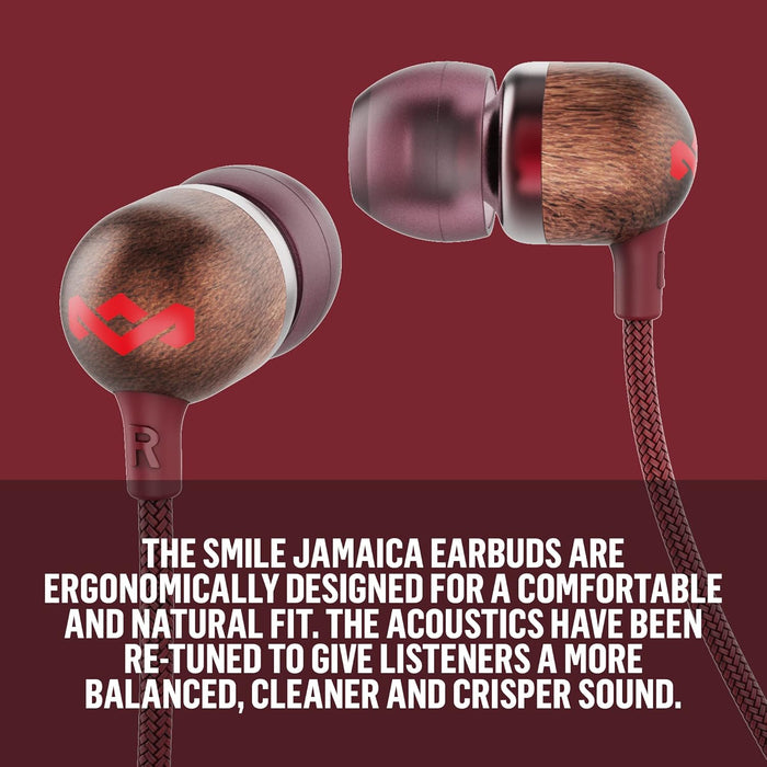 House of Marley Smile Jamaica In-Ear Headphones - Sustainably Crafted, Eco-Friendly, Noise Isolating Wired Earphones, 9.2mm Driver, Tangle-Free Cable, 1 Button Microphone Control