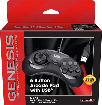 Retro-Bit Official Sega Genesis USB Controller 6-Button Arcade Pad for Sega Genesis Mini, PS3, PC, Mac, Steam, Switch - USB Port - (Black