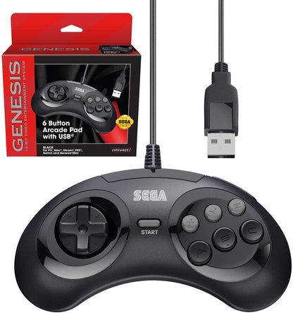 Retro-Bit Official Sega Genesis USB Controller 6-Button Arcade Pad for Sega Genesis Mini, PS3, PC, Mac, Steam, Switch - USB Port - (Black
