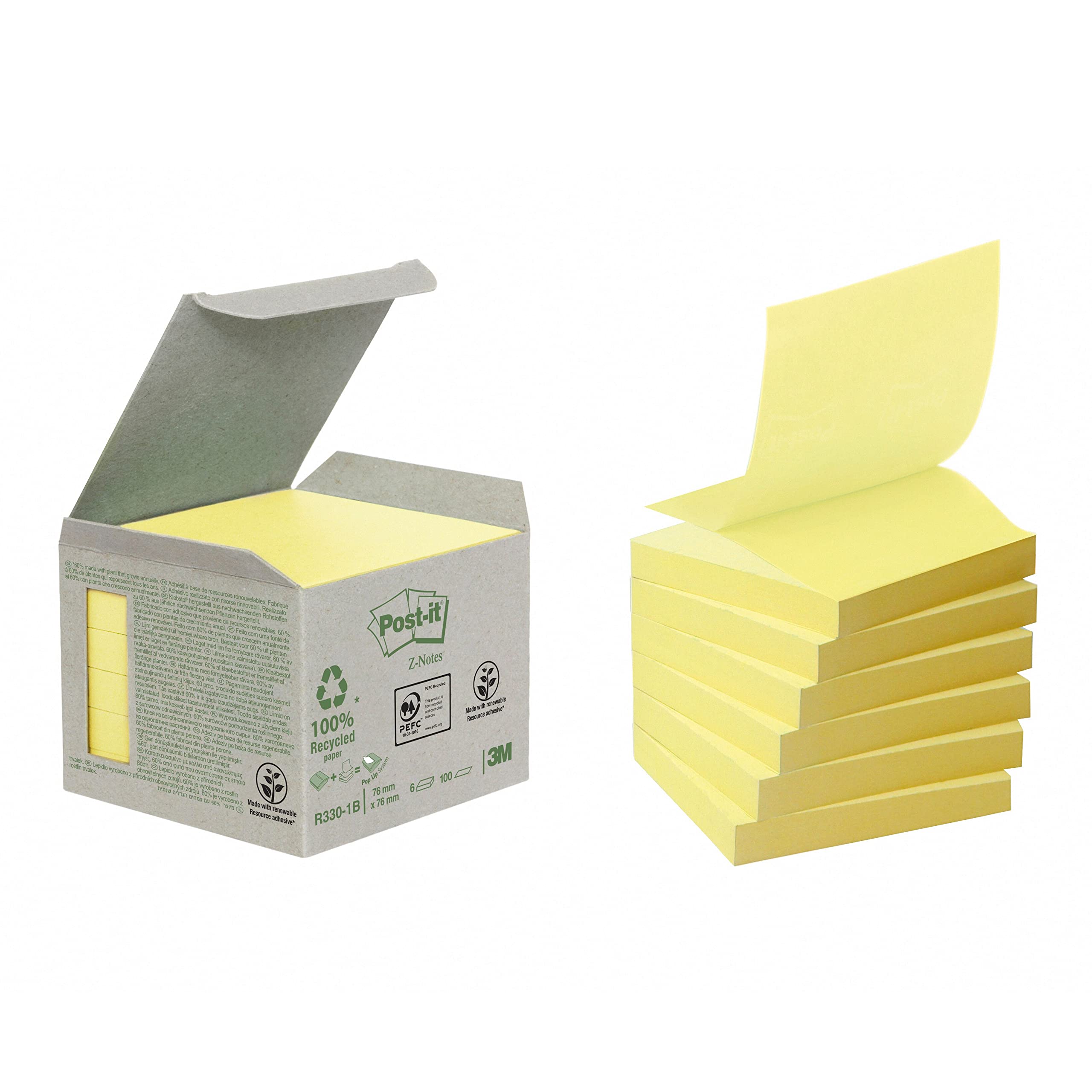 Post-it Recycled Z-Notes, Canary Yellow, Pack of 6 Pads, 100 Sheets per Pad 76 mm x 76 mm, Yellow Color - Self-stick Notes Made from 100% Recycled Paper