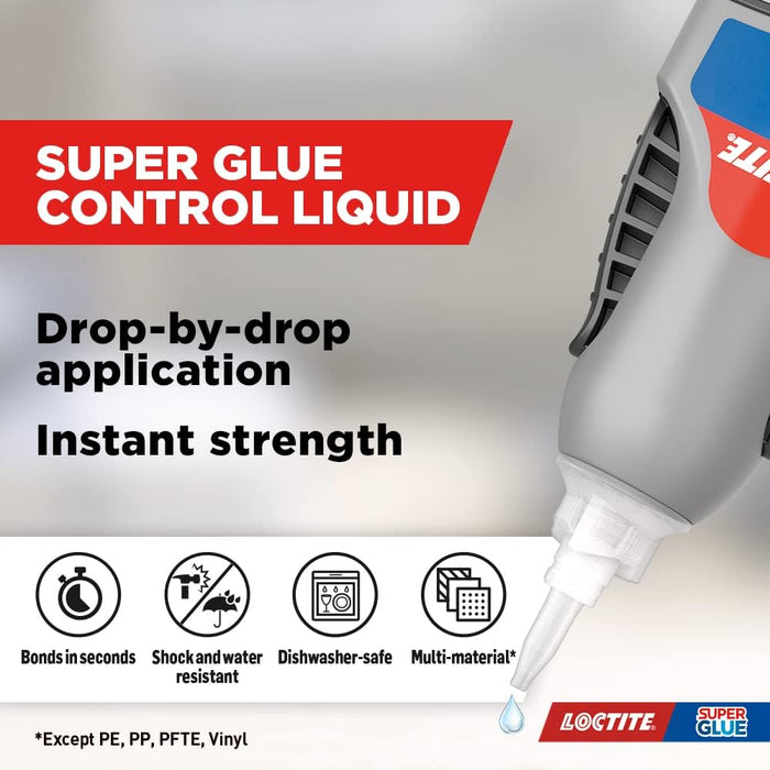 Loctite Super Glue Control All Purpose Liquid Adhesive for Metal, China, Plastics, Rubber, Wood and More, Shock and Water Resistant, Dishwasher-safe Glue with Control Applicator