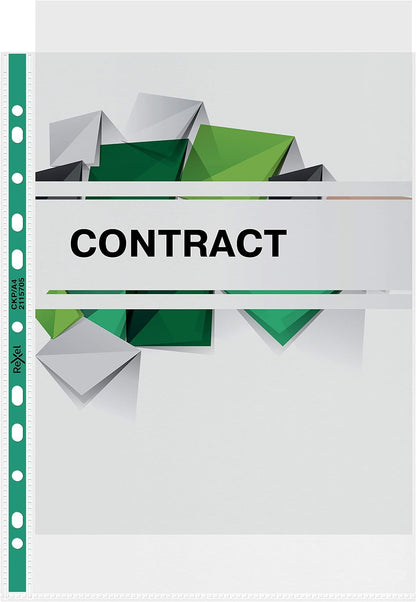 Rexel Copy King A4 Punched Pockets with Green Spine, Glass Clear, Copy Safe, Pack of 25, 2115705