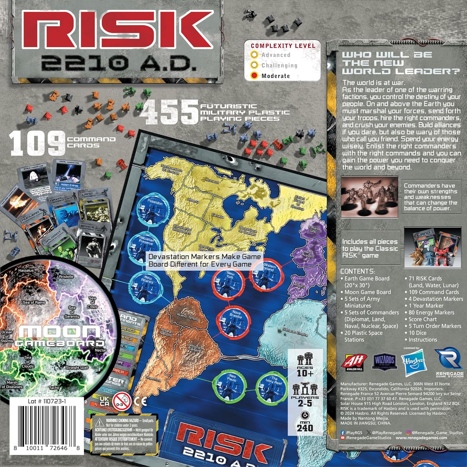 Renegade Game Studios: Risk 2210 A.D. - Risk Gameplay, New Twists, Mechs, Underwater & Moon Locations, Commanders, Ages 10+, 2-5 Players, 240 Min