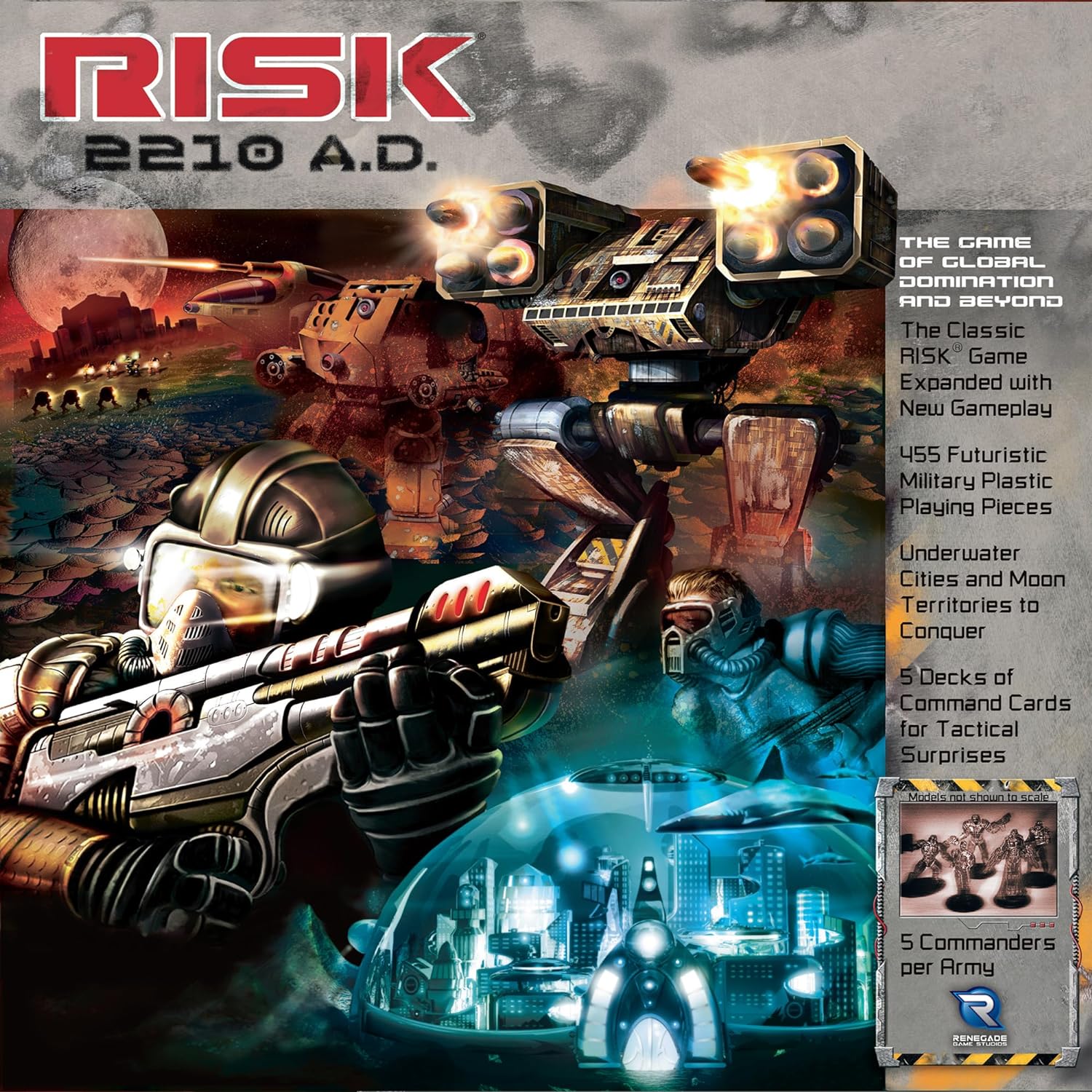 Renegade Game Studios: Risk 2210 A.D. - Risk Gameplay, New Twists, Mechs, Underwater & Moon Locations, Commanders, Ages 10+, 2-5 Players, 240 Min