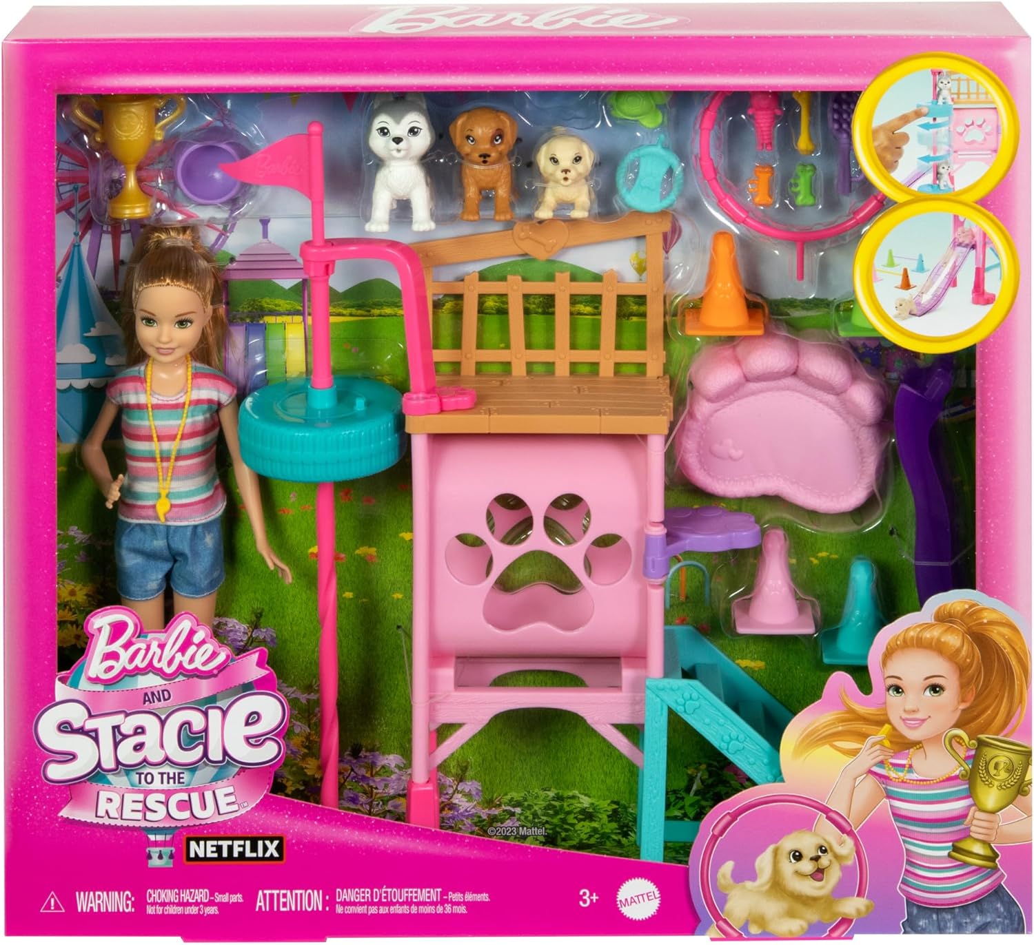 Barbie Muñeca Stacie con Parque de entrenamiento para cachorros Set de juego, perros y accesorios, de la película Stacie al Rescate, juguete +3 años (HRM10