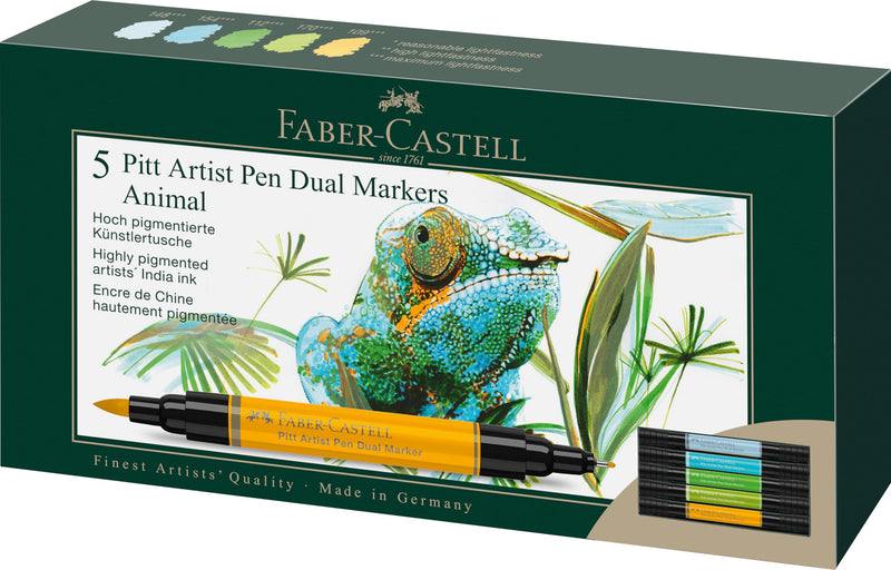Faber-Castell Pitt Artist Pen Dual Marker, Dieren Portemonnee van 5, Gekleurde Marker Pennen, Tekening, Thuiskantoor, Kunst, Kleurplaten