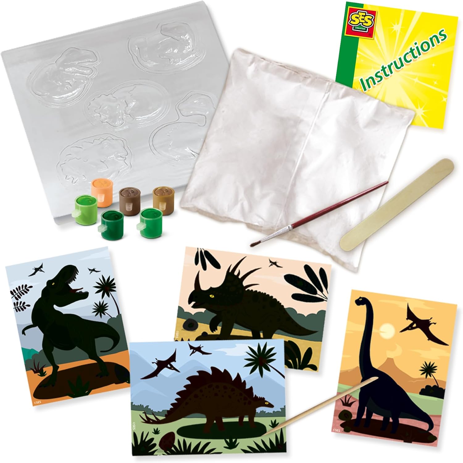 SES Creative Dinosaurier 2 in 1 - Gipsgießen und Kratzbilder, diverse Farben