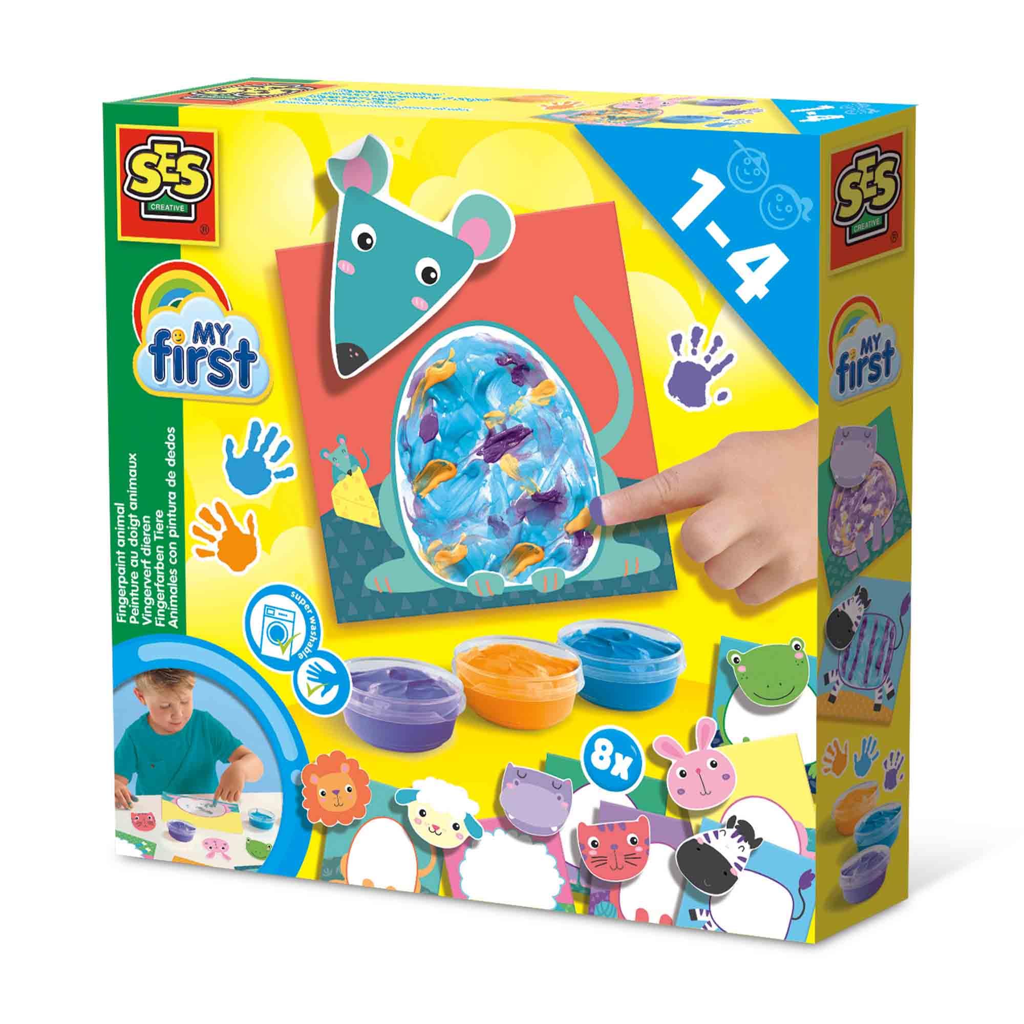 SES Creative 14444 - My First - Fingerpaint Animals, Bright Colours, Paint Set with 8 Painting Cards and 8 Large Animal Stickers for Young Children