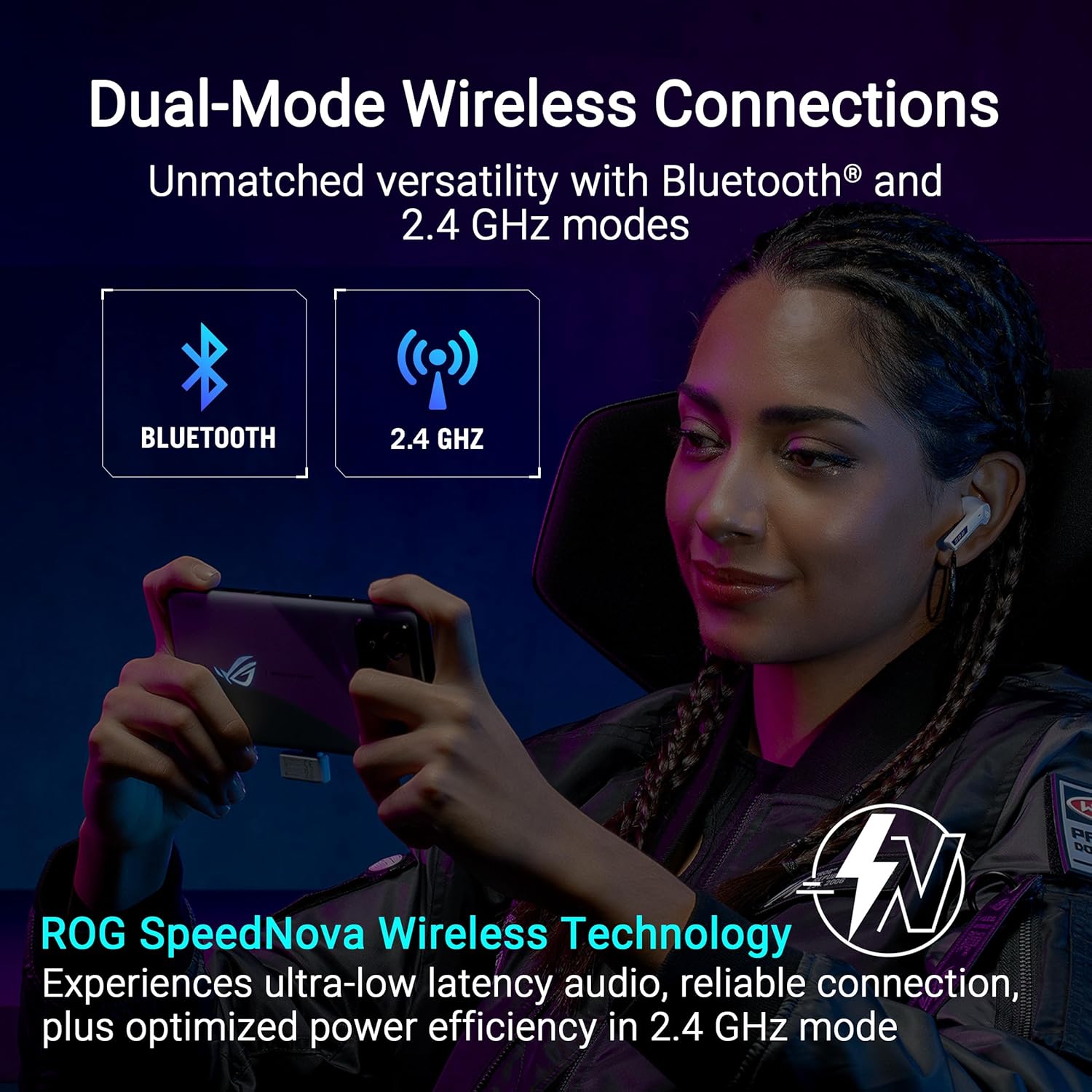 ASUS ROG Cetra True Wireless Speednova Cuffie Gaming Senza Fili, Tecnologia Wireless ROG SpeedNova, Audio 24 bit 96 kHz, Microfoni IA a Conduzione Ossea, ANC, Fino a 46 Ore di Autonomia, Nero