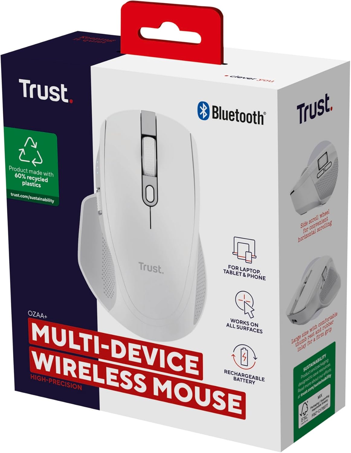 Trust Ozaa+ Multidevice Wireless Mouse Bluetooth + 2.4GHz, Programmable Silent Mouse, Side Scroll Wheel, 60% Recycled Plastics, Rechargeable Bluetooth Mouse for Laptop PC Computer Mac