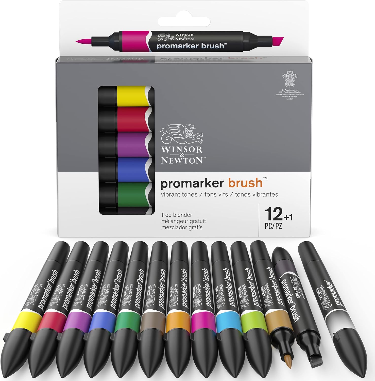 Winsor & Newton, Promarker Brush, Vibrant Tones, Set of 12 + 1 Blender, Alcohol Based Dual Tip Markers
