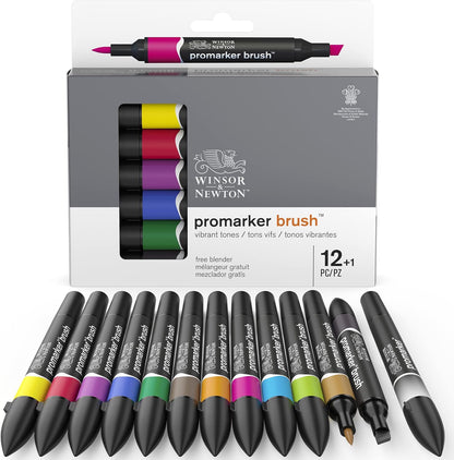 Winsor & Newton, Promarker Brush, Vibrant Tones, Set of 12 + 1 Blender, Alcohol Based Dual Tip Markers