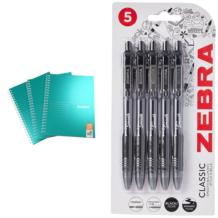 Silvine Luxpad Metallic A4+ FSC Wirebound Notebook - Lined (200 Pages) Pack of 3 & Zebra 2438 Z-Grip Smooth Retractable Ballpoint Pen - Black (Pack of 5) (Packaging May Vary