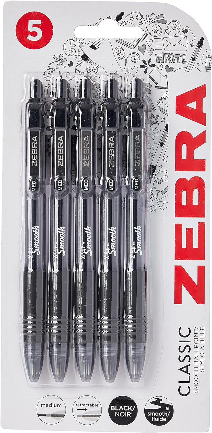 Silvine Luxpad Metallic A4+ FSC Wirebound Notebook - Lined (200 Pages) Pack of 3 & Zebra 2438 Z-Grip Smooth Retractable Ballpoint Pen - Black (Pack of 5) (Packaging May Vary