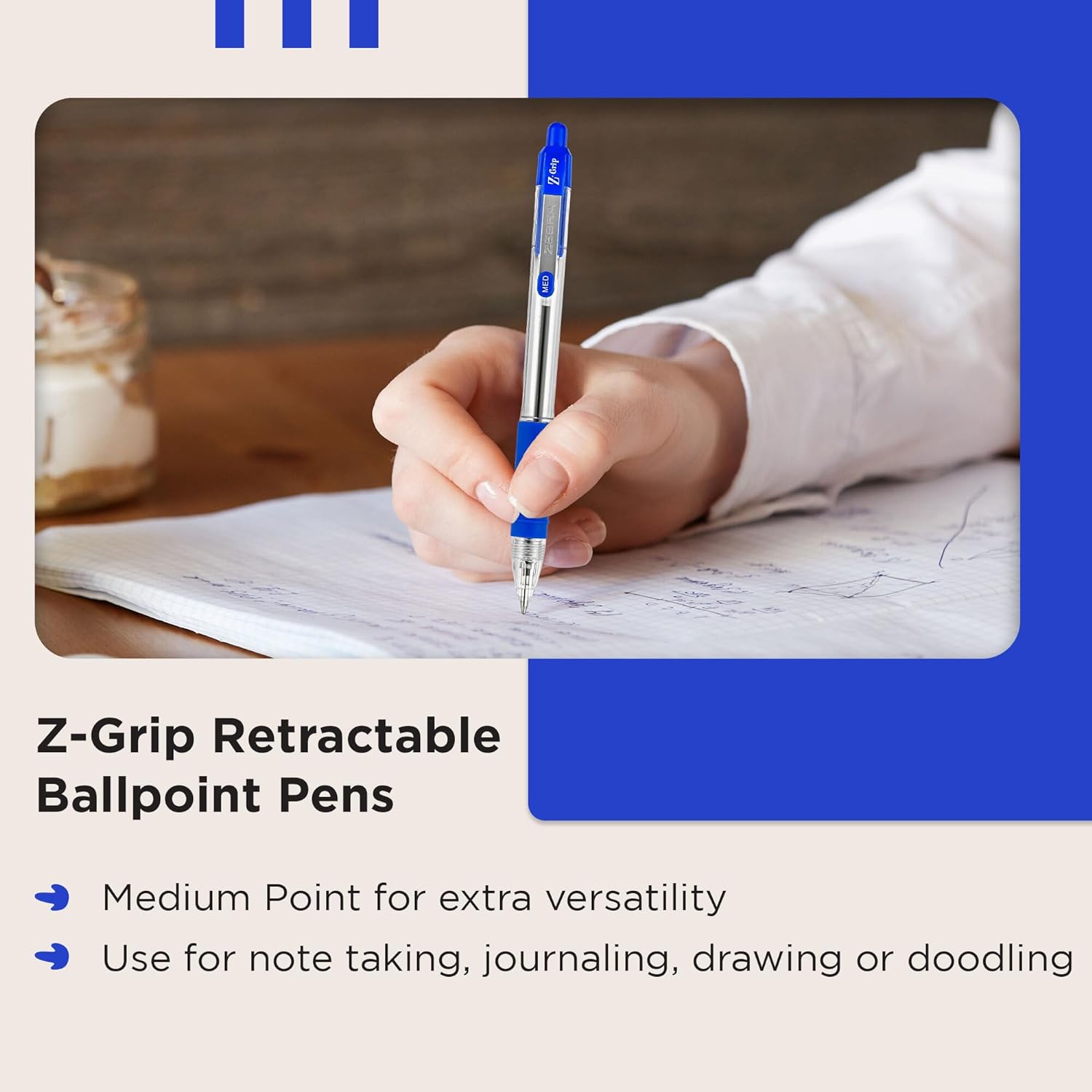 Zebra Pen Z Grip Blue Ballpoint Pens with Pocket Clip 8pk, Retractable Blue Ink Ballpoint Pens, Reliable Blue Biro Pens Multipack for Everyday Use, New Pack Size 8pk