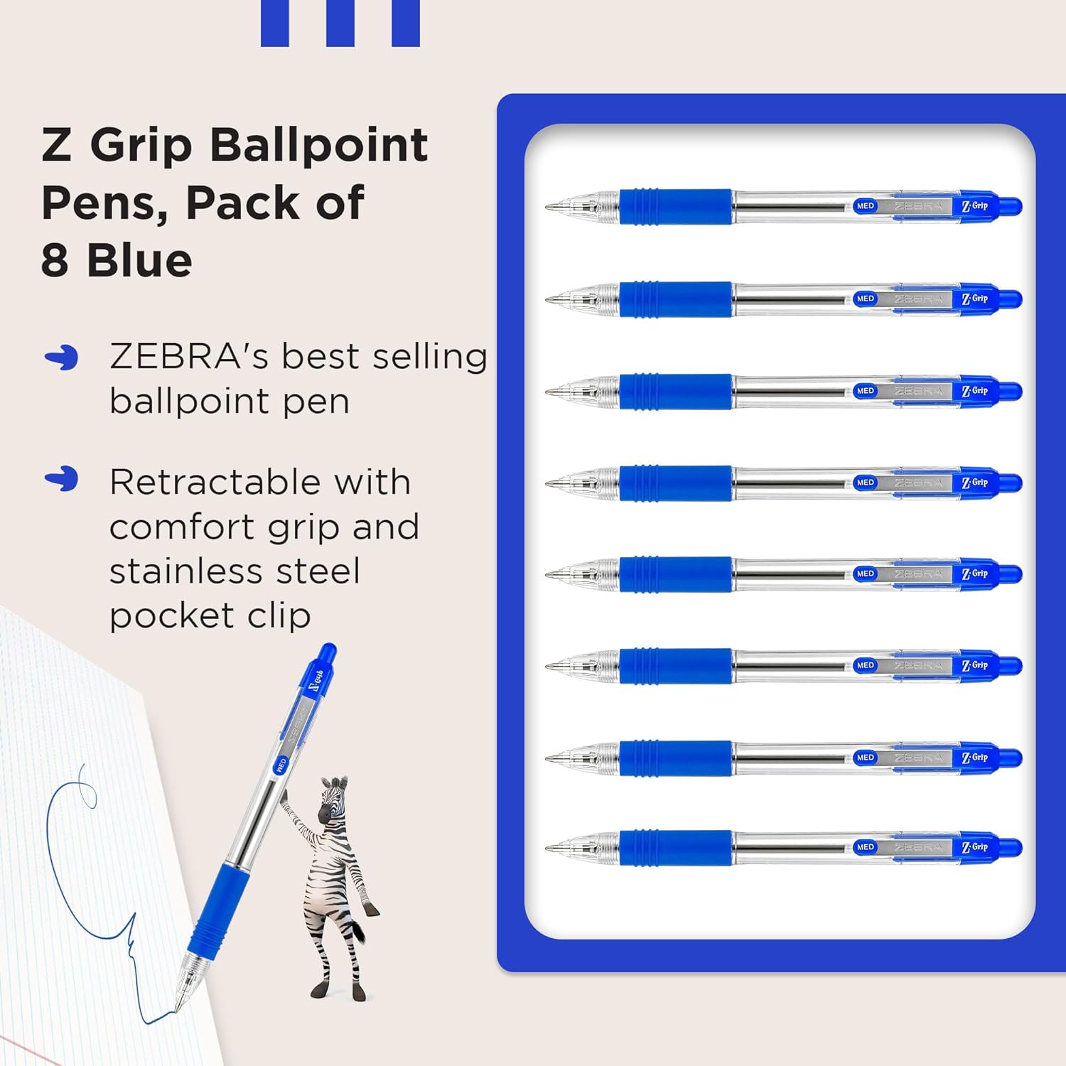 Zebra Pen Z Grip Blue Ballpoint Pens with Pocket Clip 8pk, Retractable Blue Ink Ballpoint Pens, Reliable Blue Biro Pens Multipack for Everyday Use, New Pack Size 8pk