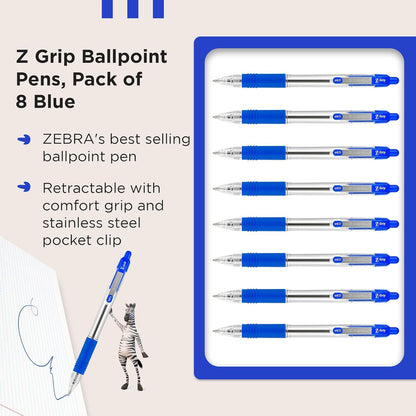 Zebra Pen Z Grip Blue Ballpoint Pens with Pocket Clip 8pk, Retractable Blue Ink Ballpoint Pens, Reliable Blue Biro Pens Multipack for Everyday Use, New Pack Size 8pk