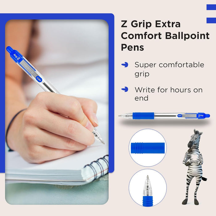 Zebra Pen Z Grip Blue Ballpoint Pens with Pocket Clip 8pk, Retractable Blue Ink Ballpoint Pens, Reliable Blue Biro Pens Multipack for Everyday Use, New Pack Size 8pk
