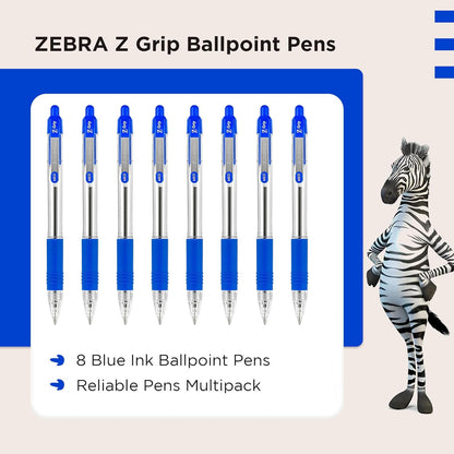 Zebra Pen Z Grip Blue Ballpoint Pens with Pocket Clip 8pk, Retractable Blue Ink Ballpoint Pens, Reliable Blue Biro Pens Multipack for Everyday Use, New Pack Size 8pk