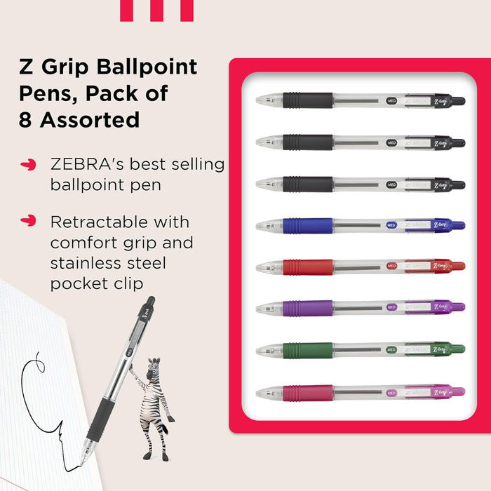Zebra Pen Z Grip Assorted Ballpoint Pens with Pocket Clip 8pk Retractable Assorted Ink Ballpoint Pens, Reliable Assorted Biro Pens Multipack for Everyday Use Design, New Pack Size 8pk