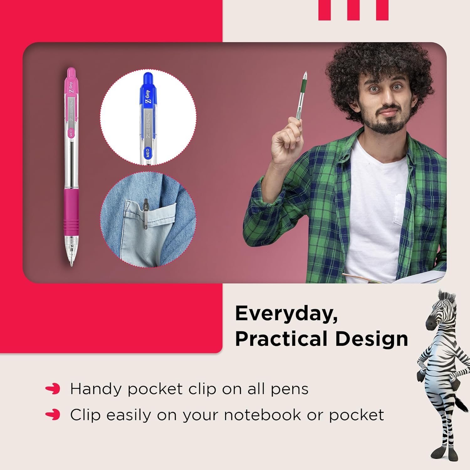 Zebra Pen Z Grip Assorted Ballpoint Pens with Pocket Clip 8pk Retractable Assorted Ink Ballpoint Pens, Reliable Assorted Biro Pens Multipack for Everyday Use Design, New Pack Size 8pk