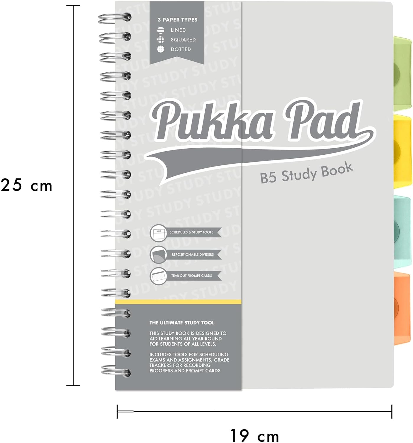 Pukka Pad, B5 Study Book - 120 Page, 60 Sheet B5 Notebook - Repositionable Dividers, Lined, Squared, & Dotted Paper, Schedules, Assignment & Grade Trackers, Exam Prep, and Revision Cards, 25.4 x 18cm