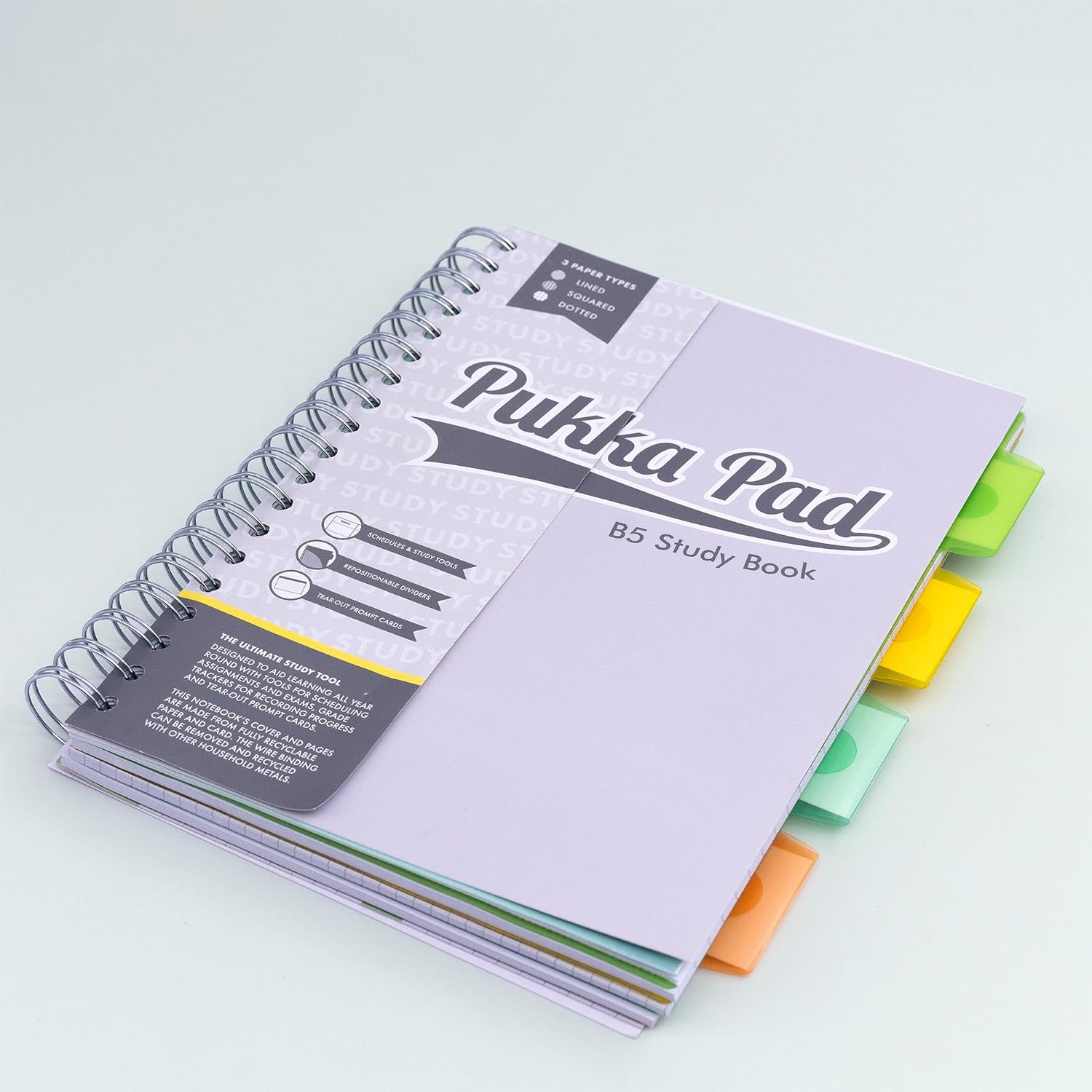 Pukka Pad, B5 Study Book - 120 Page, 60 Sheet B5 Notebook - Repositionable Dividers, Lined, Squared, & Dotted Paper, Schedules, Assignment & Grade Trackers, Exam Prep, and Revision Cards, 25.4 x 18cm