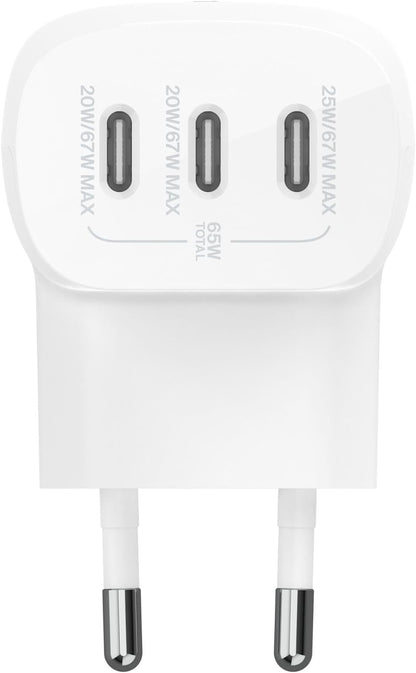 Belkin BoostCharge 3-Port USB-C Power Charger with 67W PPS (for USB-C PD 3.1 Devices like iPhone 15 (All Models), MacBook Pro, AirPods, Galaxy, etc., White