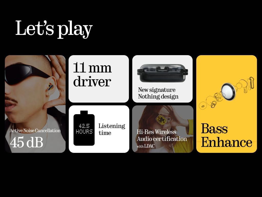 Nothing Ear (a) wireless ear buds with ChatGPT integration, Active Noise Cancelling, Bass Enhance Algorithm and up to 42.5 hours of listening time