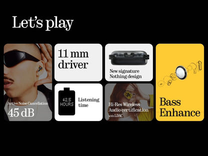 Nothing Ear (a) wireless ear buds with ChatGPT integration, Active Noise Cancelling, Bass Enhance Algorithm and up to 42.5 hours of listening time