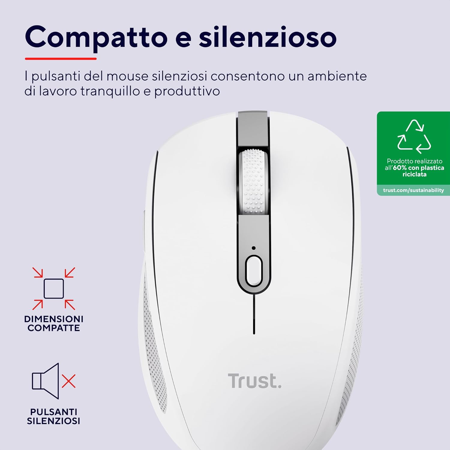 Trust Ozaa Silent Wireless Mouse Bluetooth + 2.4GHz, Compact Multidevice Mouse, 60% Recycled Plastics, Rechargeable Bluetooth Mouse for Laptop PC Computer Windows Android Mac