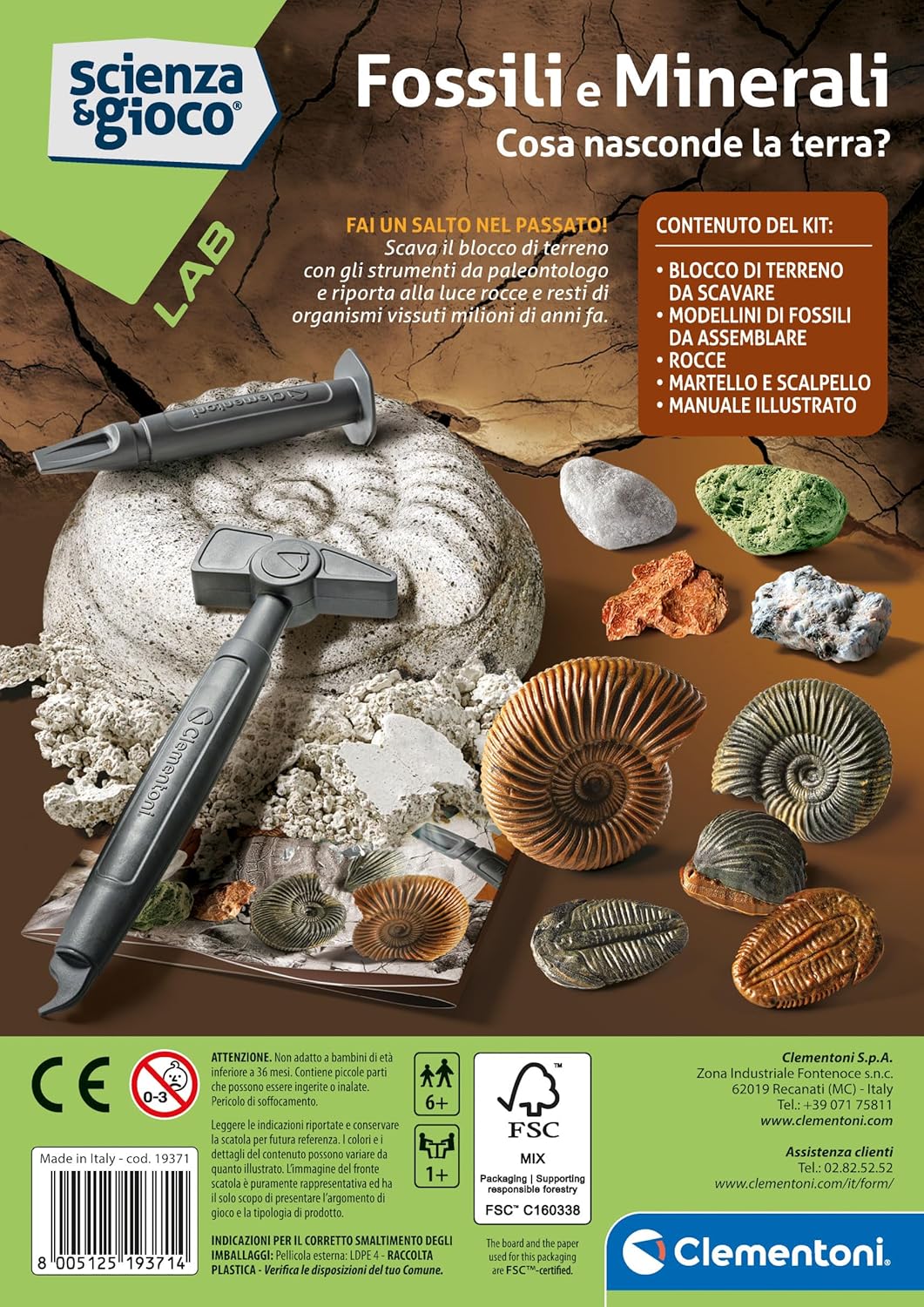 Clementoni - Scienza Lab Minerali Kit Fossils for Digging, Rocks, Science Game 6 Years, Paleontology for Children, Mineralogy, Laboratory in Italy, Made in Italy, Multi-Colour, 19371