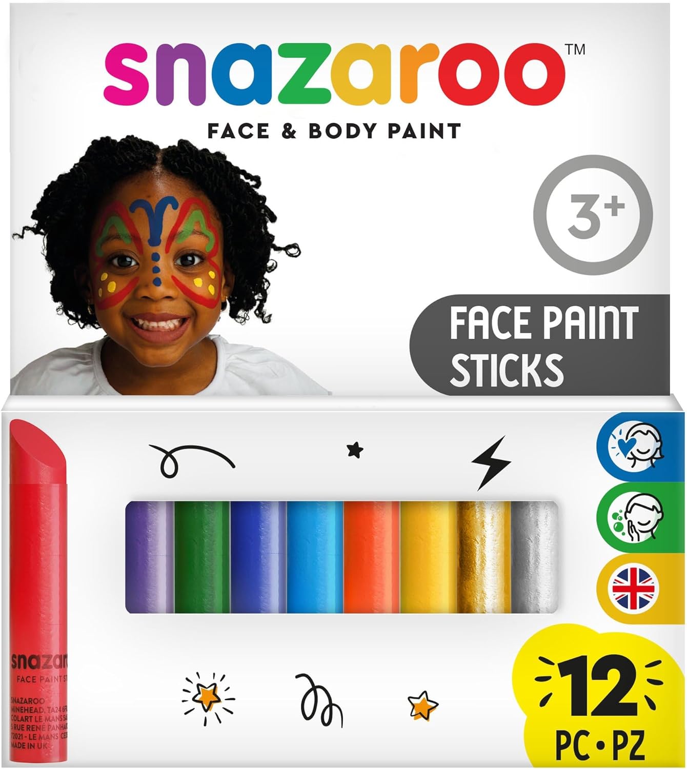 Snazaroo 1172193 Set Maquillaje Infantil con 12 Barras de Pintura Facial, Colores de Maquillaje al Agua para Pieles sensibles con los Que Crear Vivos Efectos en niños o Adultos 12 Barra -Set 12 Colore