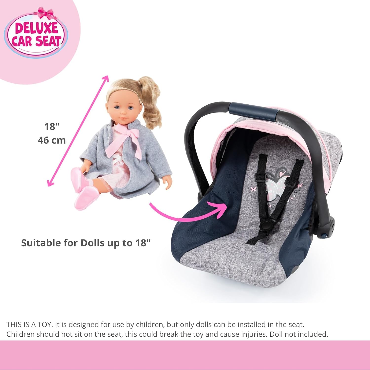 Bayer Design-67927AA Animales Silla de Coche para muñecas, Color Gris, Azul, Rosa, M (67927AA
