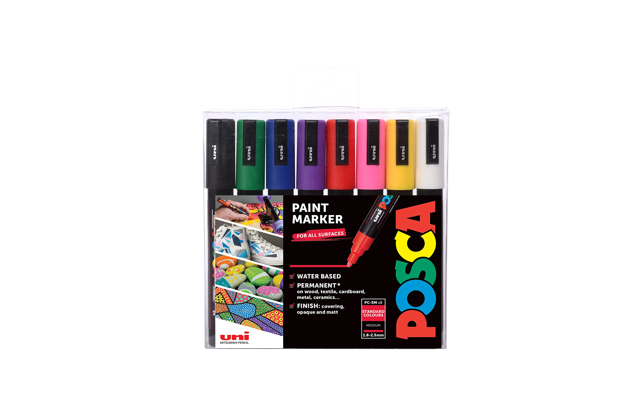 POSCA PC-5M Water Based Permanent Marker Paint Pens. Medium Tip for Art & Crafts. Multi Surface Use On Wood Metal Paper Canvas Cardboard Glass Fabric Ceramic Rock Stone Pebble Porcelain. Set of 8