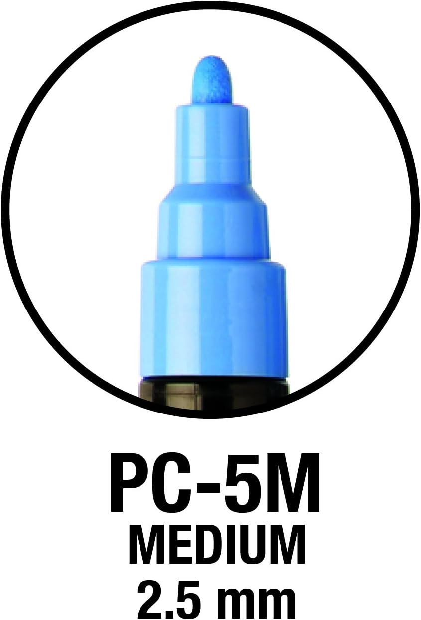 POSCA PC-5M Water Based Permanent Marker Paint Pens. Medium Tip for Art & Crafts. Multi Surface Use On Wood Metal Paper Canvas Cardboard Glass Fabric Ceramic Rock Stone Pebble Porcelain. Set of 8
