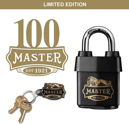 Master Lock 1921EURDCC Heavy Duty Outdoor Padlock with 100 Year Logo Printed, Black, 97 x 54 x 32 mm 100 Year Celebration Lock