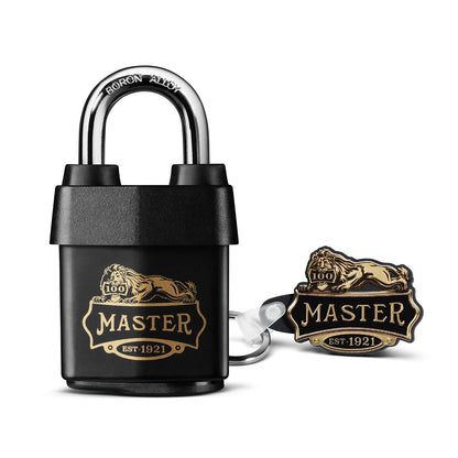 Master Lock 1921EURDCC Heavy Duty Outdoor Padlock with 100 Year Logo Printed, Black, 97 x 54 x 32 mm 100 Year Celebration Lock